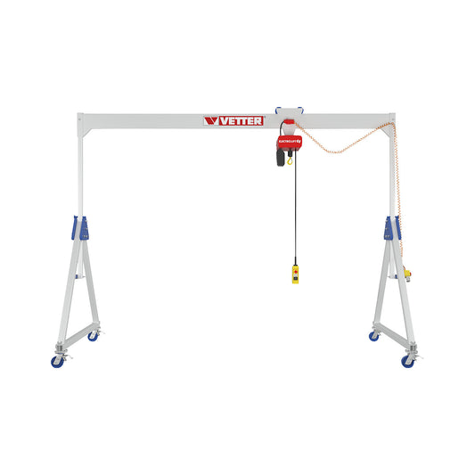 ALU1 aluminium gantry crane, with BA electric chain hoist, max. load 1000 kg, suspension height 2170 - 3020 mm.