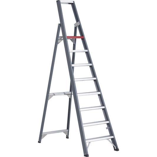 Aluminium step ladder, single sided access, with storage tray, 8 steps, working height 3900 mm.