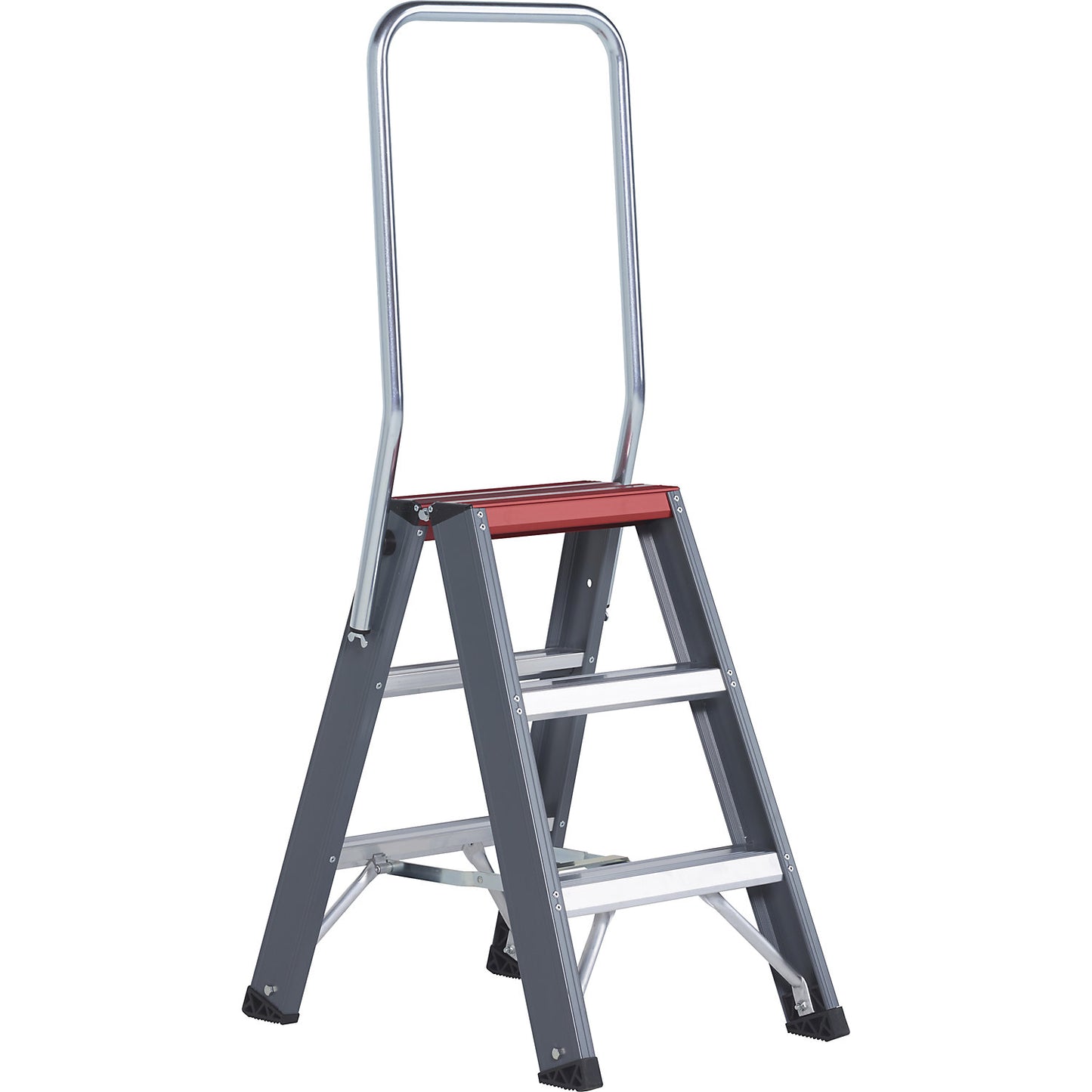 Aluminium step ladder, double sided access, 2 x 3 steps, working height 2700 mm.