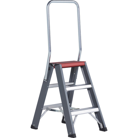 Aluminium step ladder, double sided access, 2 x 3 steps, working height 2700 mm.