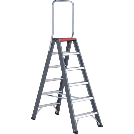 Aluminium step ladder, double sided access, 2 x 6 steps, working height 3400 mm.