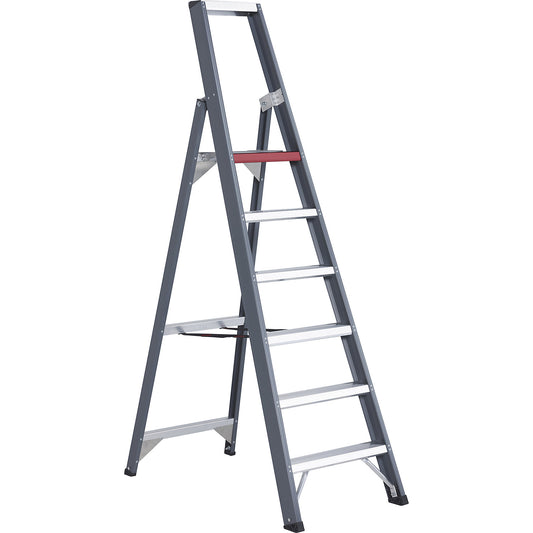 Aluminium step ladder, single sided access, with storage tray, 6 steps, working height 3400 mm.