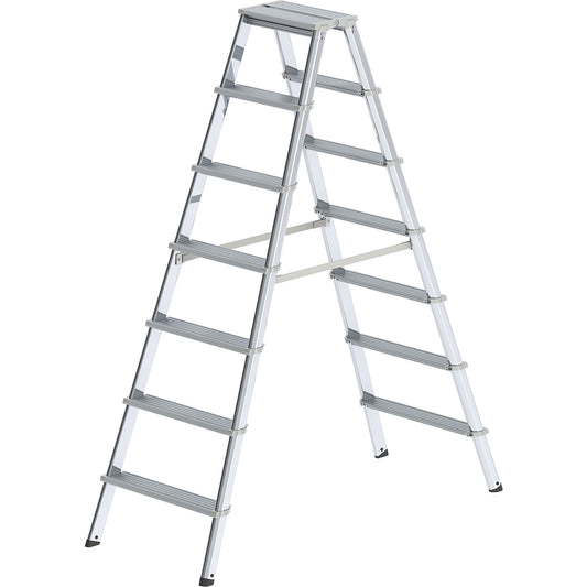 Aluminium step ladder, double sided access, with ergonomically shaped rail, 2 x 7 steps, working height 3250 mm.