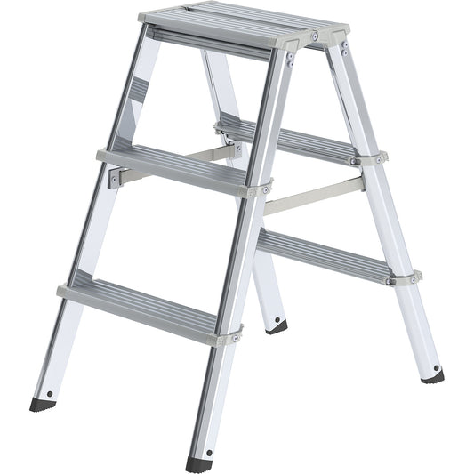 Aluminium step ladder, double sided access, with ergonomically shaped rail, 2 x 3 steps, working height 2250 mm.