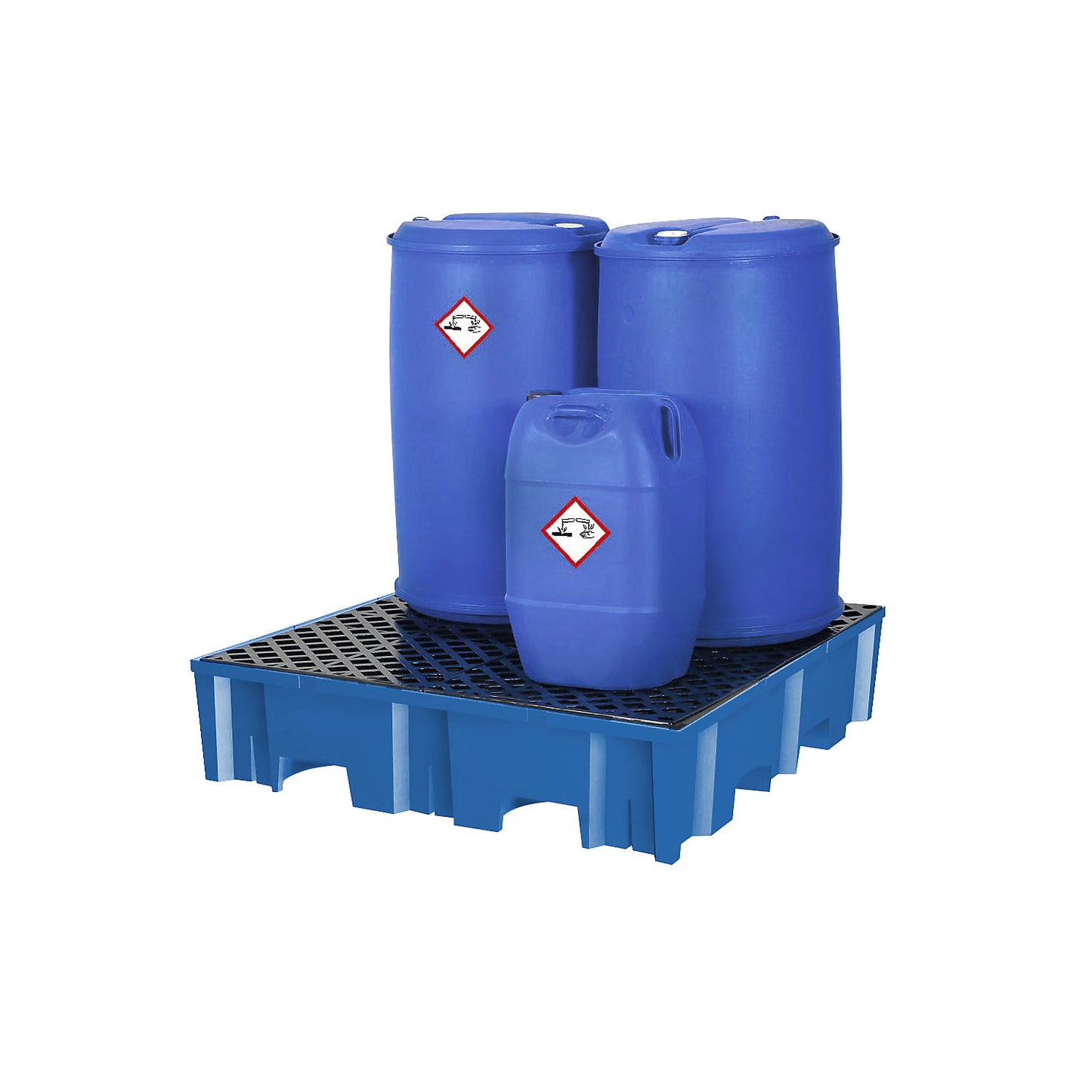 PE drum sump for 4 x 200 l drums, LxW 1235 x 1235 mm, sump capacity 255 l, with PE grate.