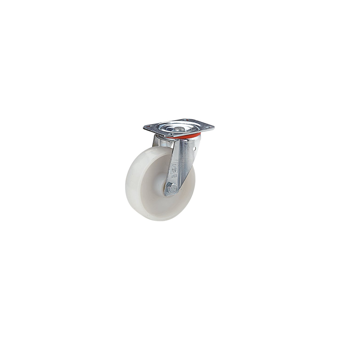 Nylon wheel, sheet steel housing, wheel Ø x width 200 x 50 mm, swivel castor, plain bearings.