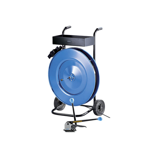 Strapping set, steel strapping, tensioning and sealing tool, mobile strap dispenser, strap, strap width 13 mm.