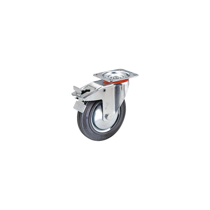 Solid rubber tyre on sheet steel rim, wheel Ø x width 250 x 60 mm, swivel castor with wheel stops.