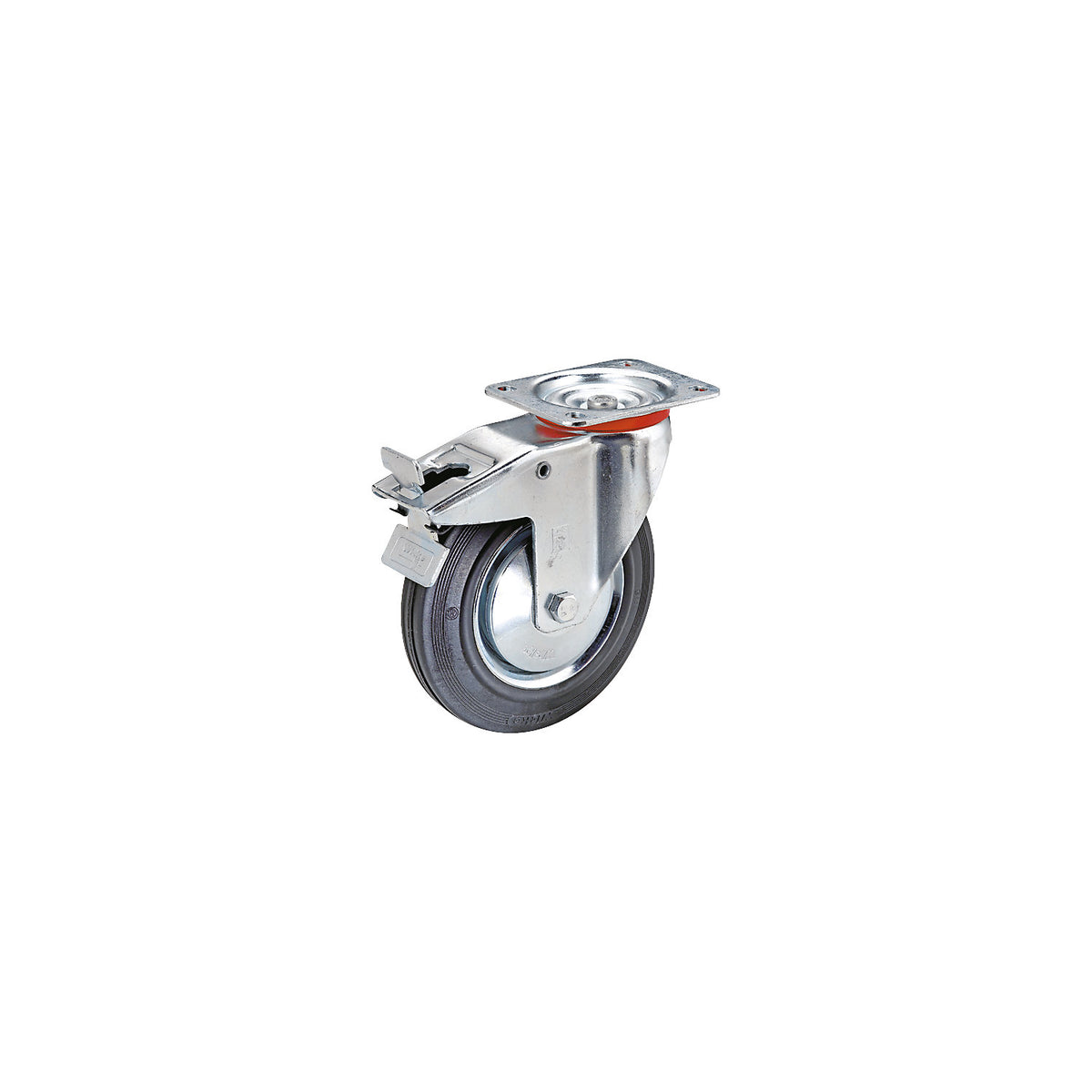 Solid rubber tyre on sheet steel rim, wheel Ø x width 250 x 60 mm, swivel castor with wheel stops.