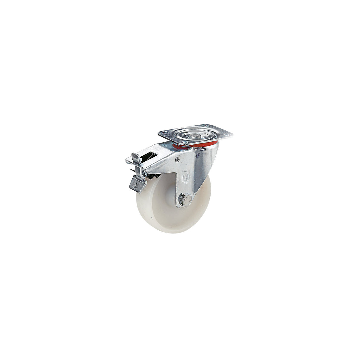 Nylon wheel, sheet steel housing, wheel Ø x width 150 x 40 mm, swivel castor with wheel stops, roller bearings.
