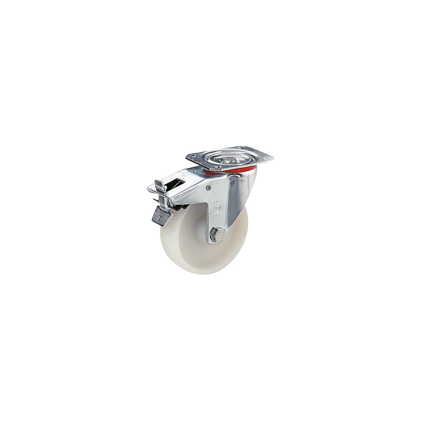 Nylon wheel, sheet steel housing, wheel Ø x width 100 x 38 mm, swivel castor with double stop, plain bearing, overall height 125 mm.