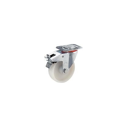 Nylon wheel, sheet steel housing, wheel Ø x width 100 x 38 mm, swivel castor with double stop, plain bearing, overall height 125 mm.