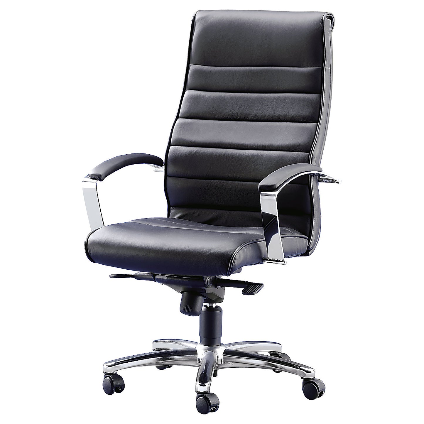 Executive armchair, black leather, arm rests with leather covering.