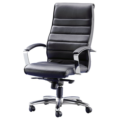 Executive armchair, black leather, arm rests with leather covering.