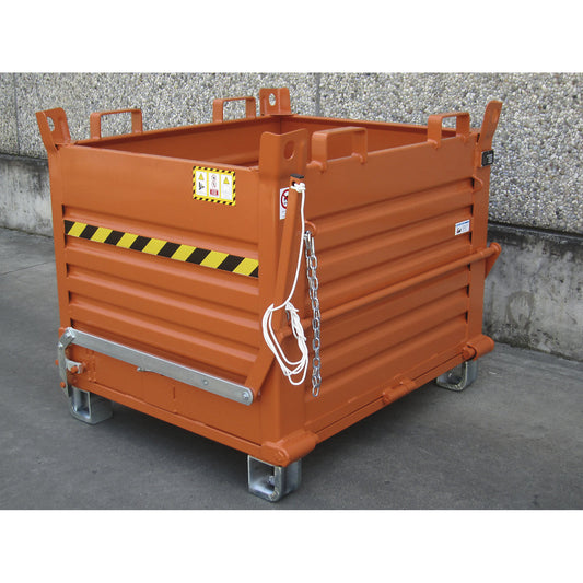Hinged bottom skip, capacity 0.96 m³, with feet.