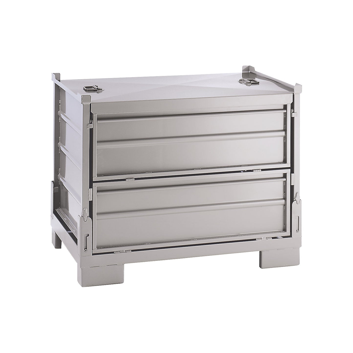 Collapsible stacking box, LxWxH 1200 x 800 x 970 mm, side panels made of sheet steel, 1+ items.