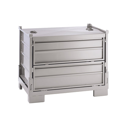 Collapsible stacking box, LxWxH 1200 x 800 x 970 mm, side panels made of sheet steel, 1+ items.