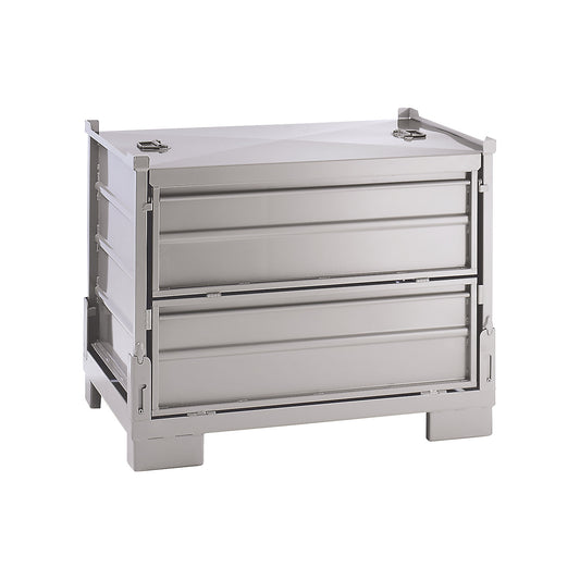 Collapsible stacking box, LxWxH 1200 x 800 x 970 mm, side panels made of sheet steel, 1+ items.