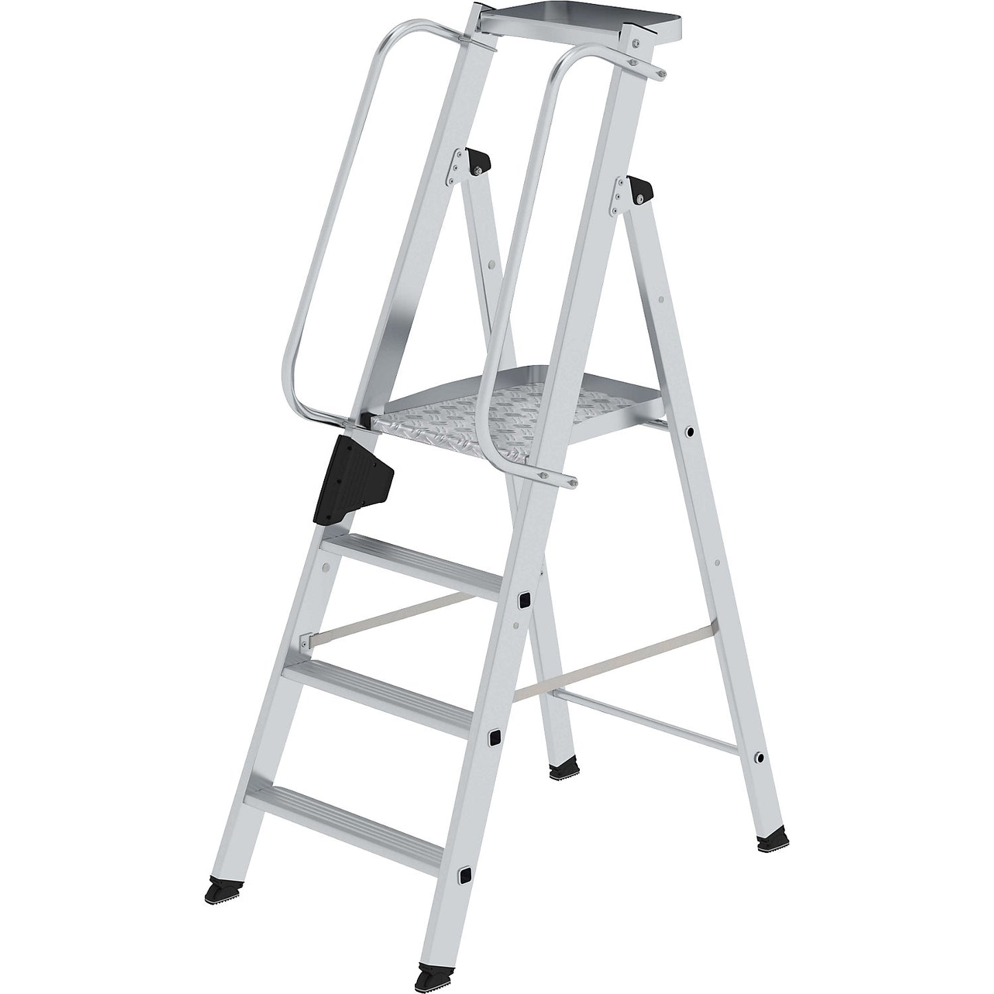 Aluminium step ladder with large platform, hand rail on both sides, 4 steps inclusive platforms.