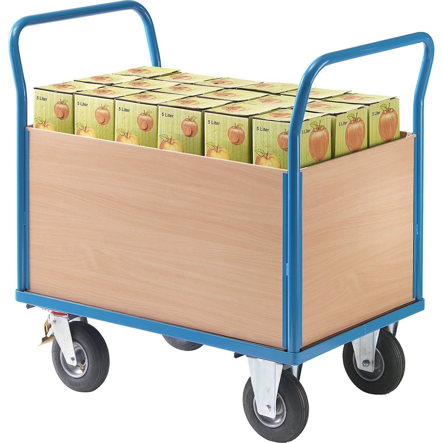 Platform truck with wooden panels, with 4 full height side panels, LxW 1050 x 700 mm, pneumatic tyres.