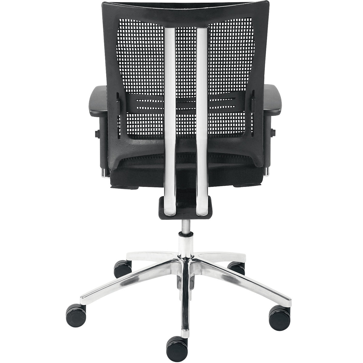 NET-motion office chair, with mesh back rest and lumbar support, black back rest and seat, chrome plated frame.