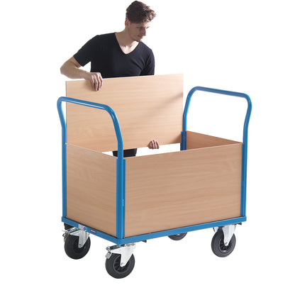 Platform truck with wooden panels, with 4 full height side panels, LxW 1050 x 700 mm, solid rubber.