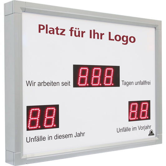 Outdoor LED display, days without an accident, HxWxD 450 x 600 x 60 mm, white aluminium.