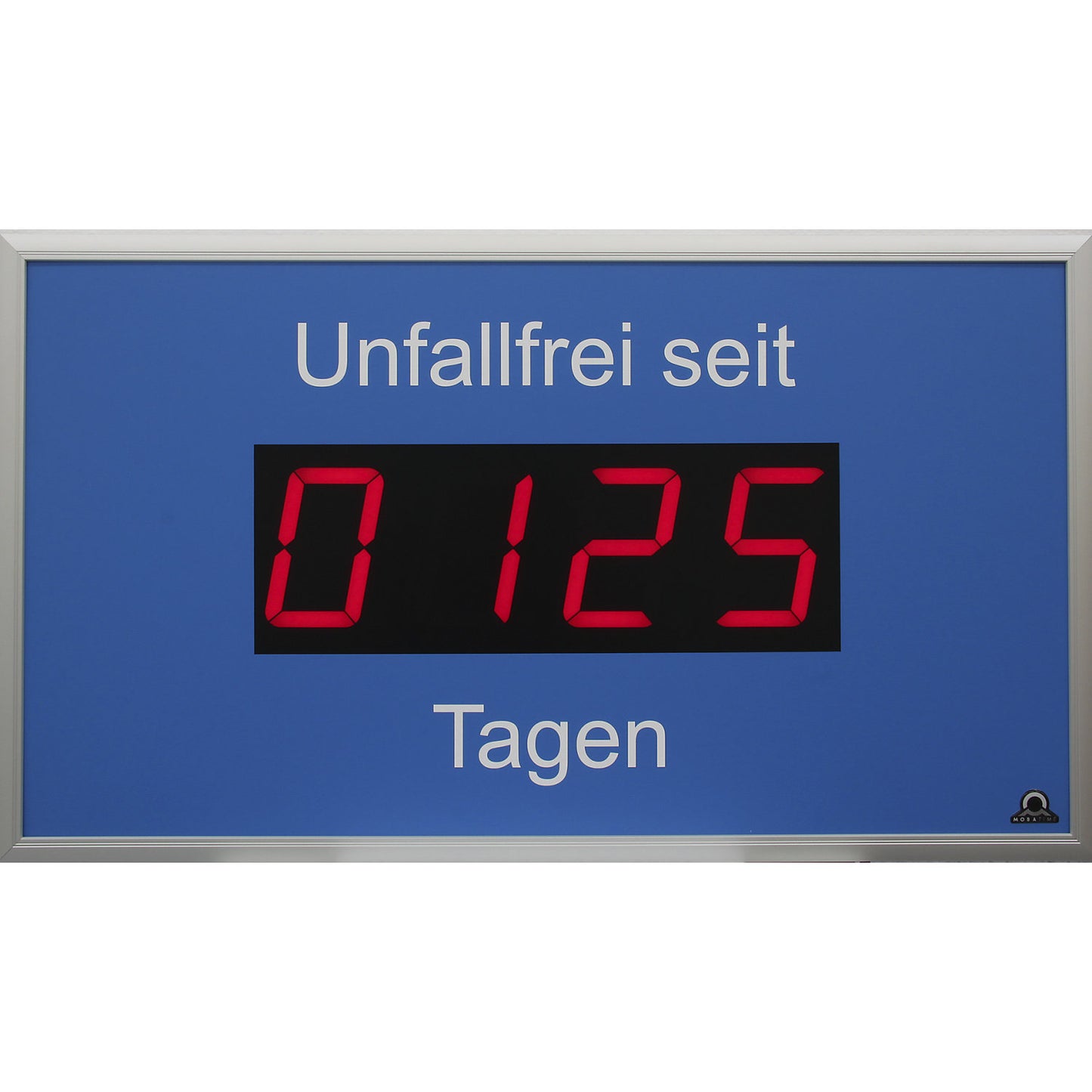 Outdoor LED display, days without an accident, HxWxD 400 x 700 x 60 mm, white aluminium.