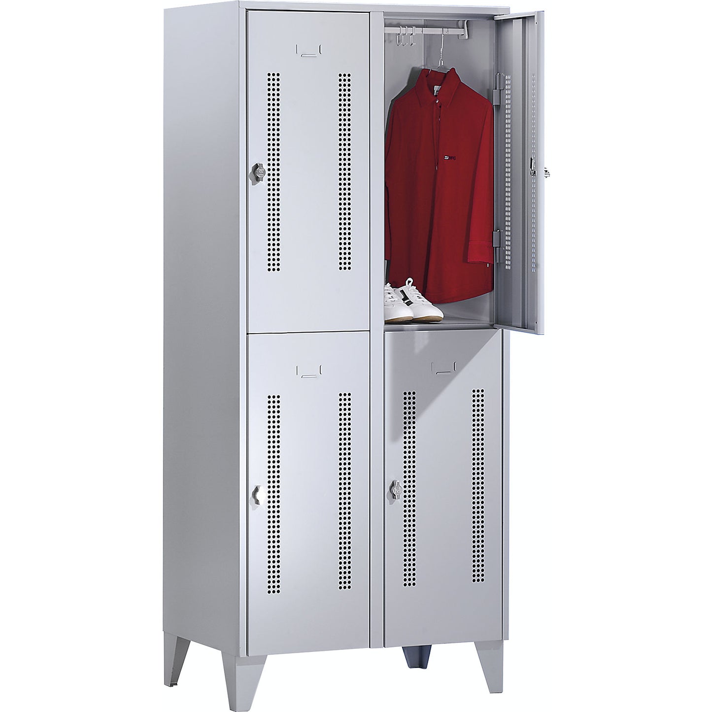 Berlin 1 double deck clothes locker, 2 sections, light grey, width 800 mm, 4 compartments.