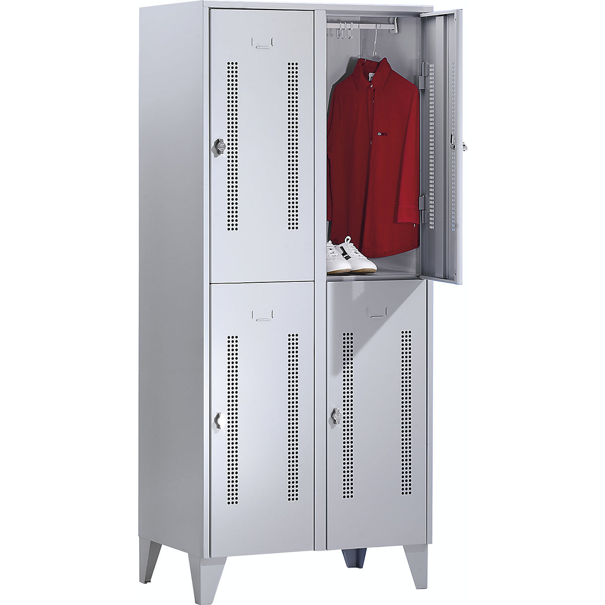 Berlin 1 double deck clothes locker, 2 sections, light grey, width 800 mm, 4 compartments.