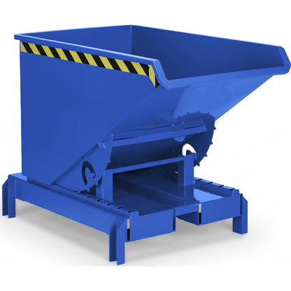 Roller tipping skip for stackers and drawbar stackers, with support feet and forklift pockets, capacity 0.3 m³, gentian blue.