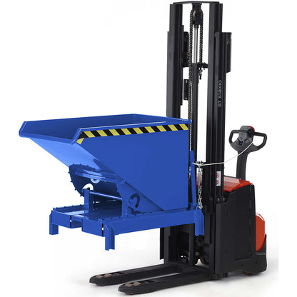 Roller tipping skip for stackers and drawbar stackers, with support feet and forklift pockets, capacity 0.3 m³, gentian blue.