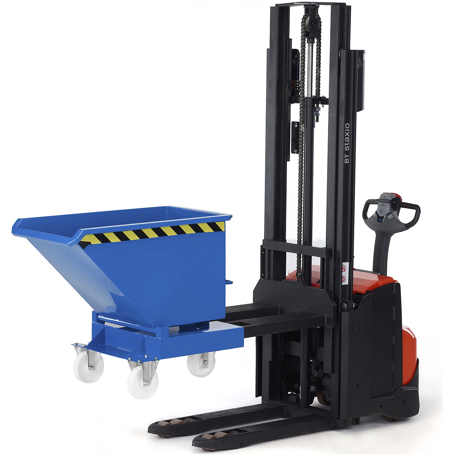 Tipping skip, with forklift pockets and wheels, capacity 0.4 m³, gentian blue.