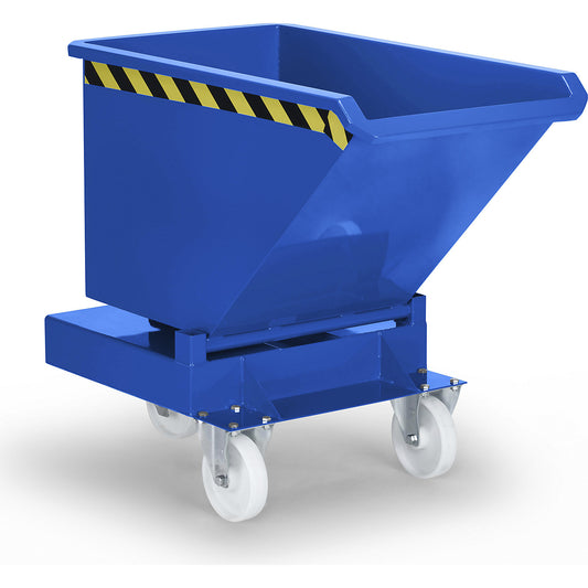 Tipping skip, with forklift pockets and wheels, capacity 0.4 m³, gentian blue.