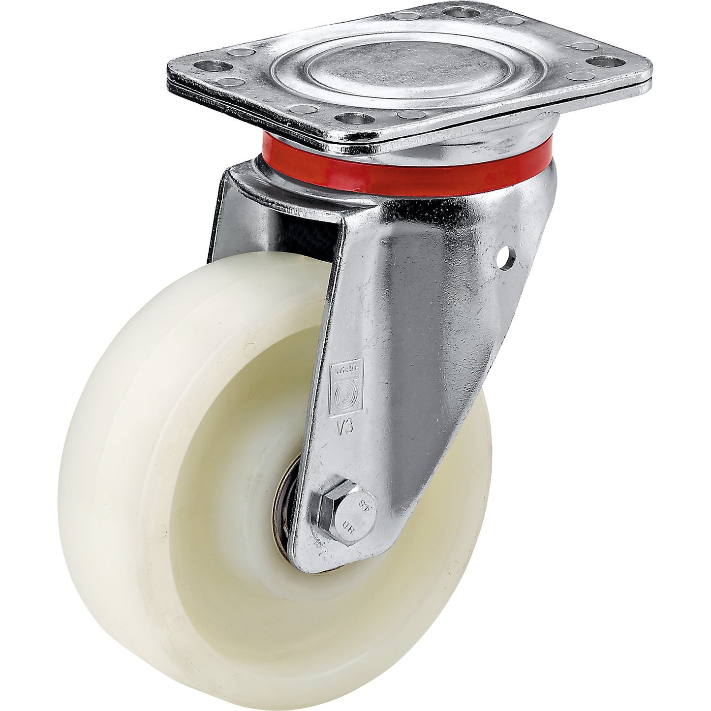 Nylon wheel, sheet steel housing, wheel Ø x width 100 x 35 mm, swivel castor, plain bearings.