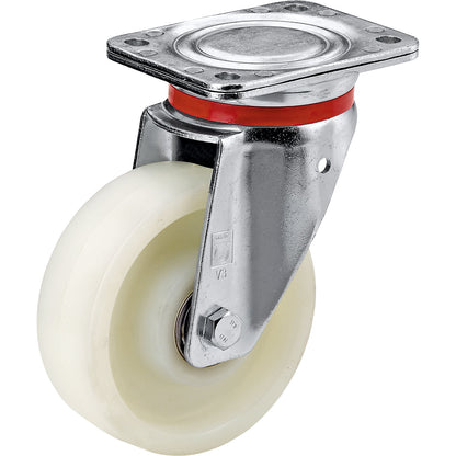 Nylon wheel, sheet steel housing, wheel Ø x width 80 x 30 mm, swivel castor, plain bearings.