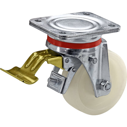 Nylon wheel, sheet steel housing, wheel Ø x width 100 x 35 mm, swivel castor with double stop, plain bearings.
