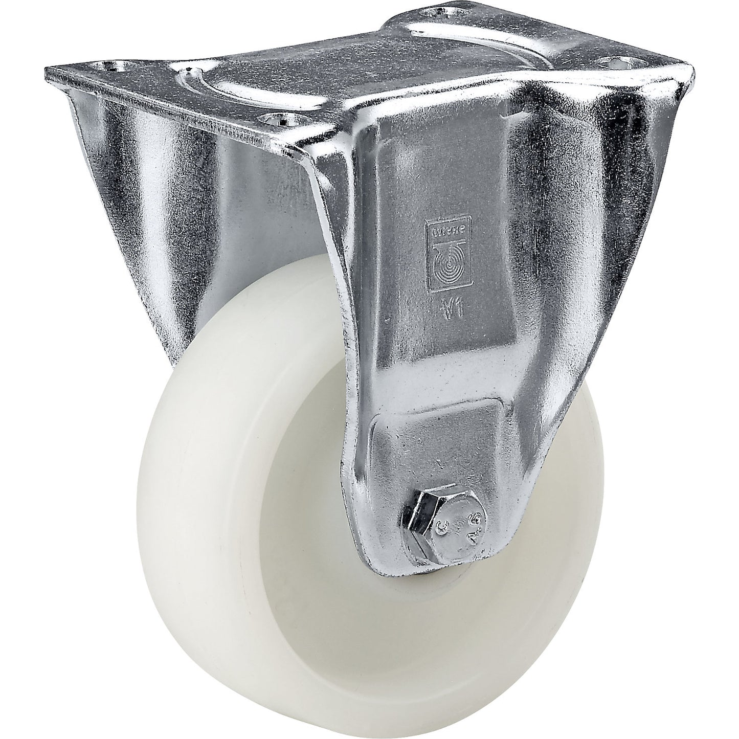 Nylon wheel, sheet steel housing, wheel Ø x width 100 x 35 mm, fixed castor, ball bearing.