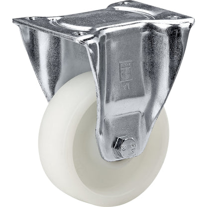 Nylon wheel, sheet steel housing, wheel Ø x width 100 x 35 mm, fixed castor, plain bearing.