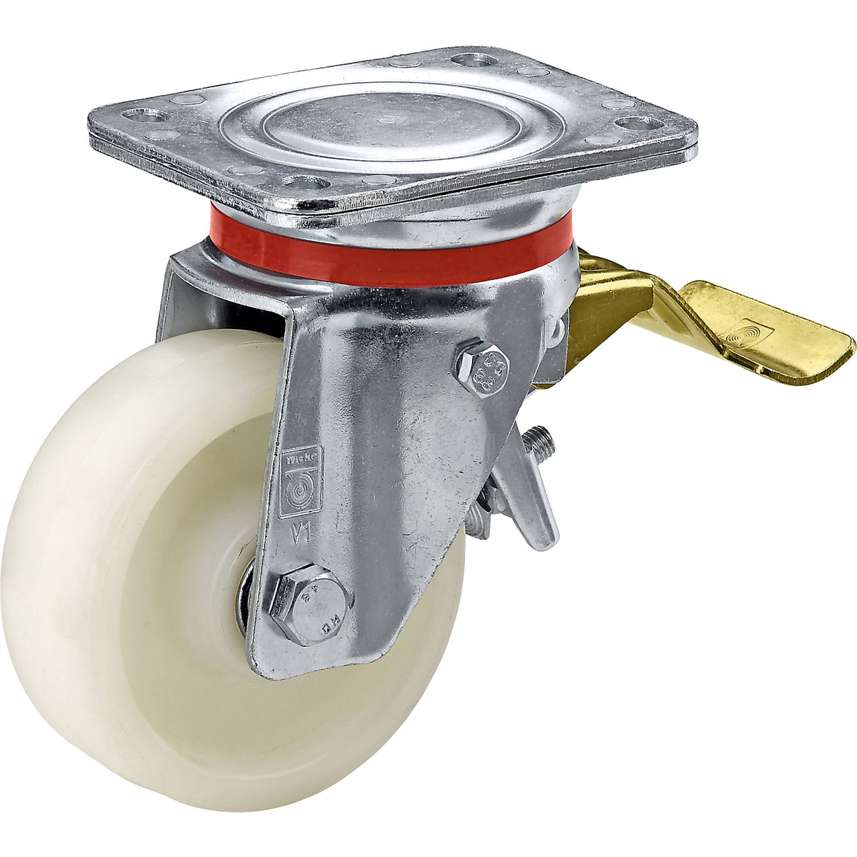 Nylon wheel, sheet steel housing, wheel Ø x width 100 x 35 mm, swivel castor with double stop, ball bearings.