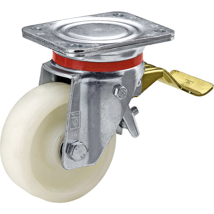 Nylon wheel, sheet steel housing, wheel Ø x width 100 x 35 mm, swivel castor with double stop, ball bearings.