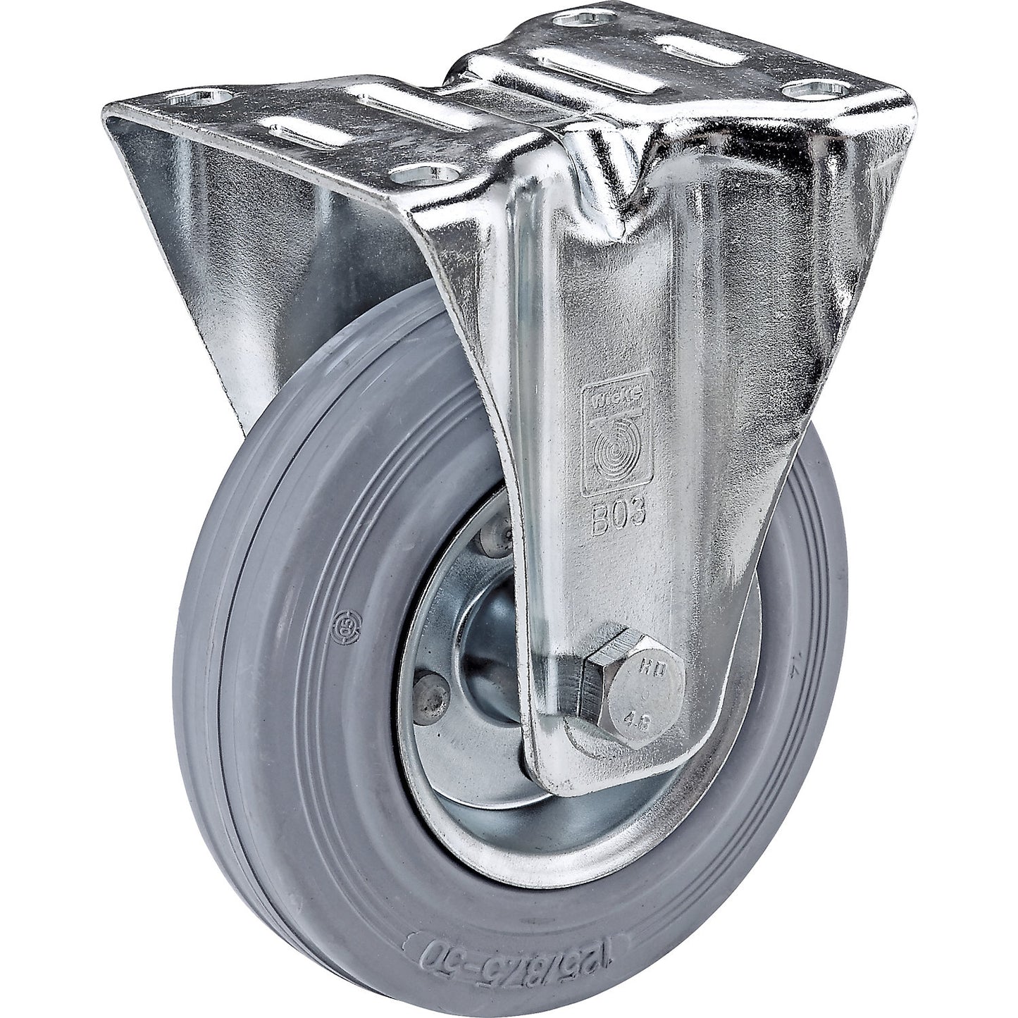 Solid rubber tyre, non-marking, wheel Ø x width 100 x 30 mm, fixed castor.