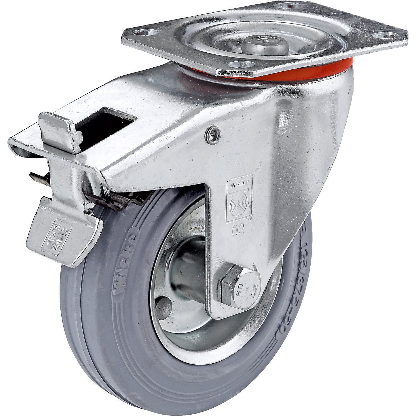Solid rubber tyre, non-marking, wheel Ø x width 200 x 50 mm, swivel castor with wheel stops.