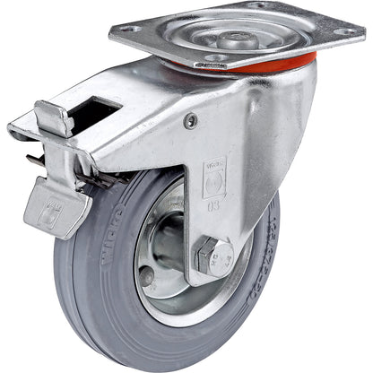 Solid rubber tyre, non-marking, wheel Ø x width 200 x 50 mm, swivel castor with wheel stops.