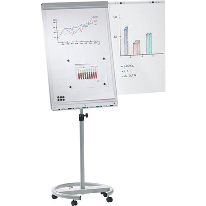 Flip-chart set incl. accessories, height adjustable, 1700 - 2000 mm, with stable round base Ø 640 mm, 5 swivel castors.