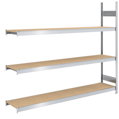 Wide span boltless shelf unit chipboard panels, height 2000 mm, width 2250 (2 x 1125) mm, max. bay load 1200 kg, depth 500 mm, extension shelf unit.