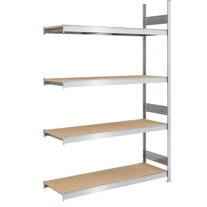 Wide span boltless shelf unit chipboard panels, height 2500 mm, width 1500 mm, max. bay load 1750 kg, depth 600 mm, extension shelf unit.