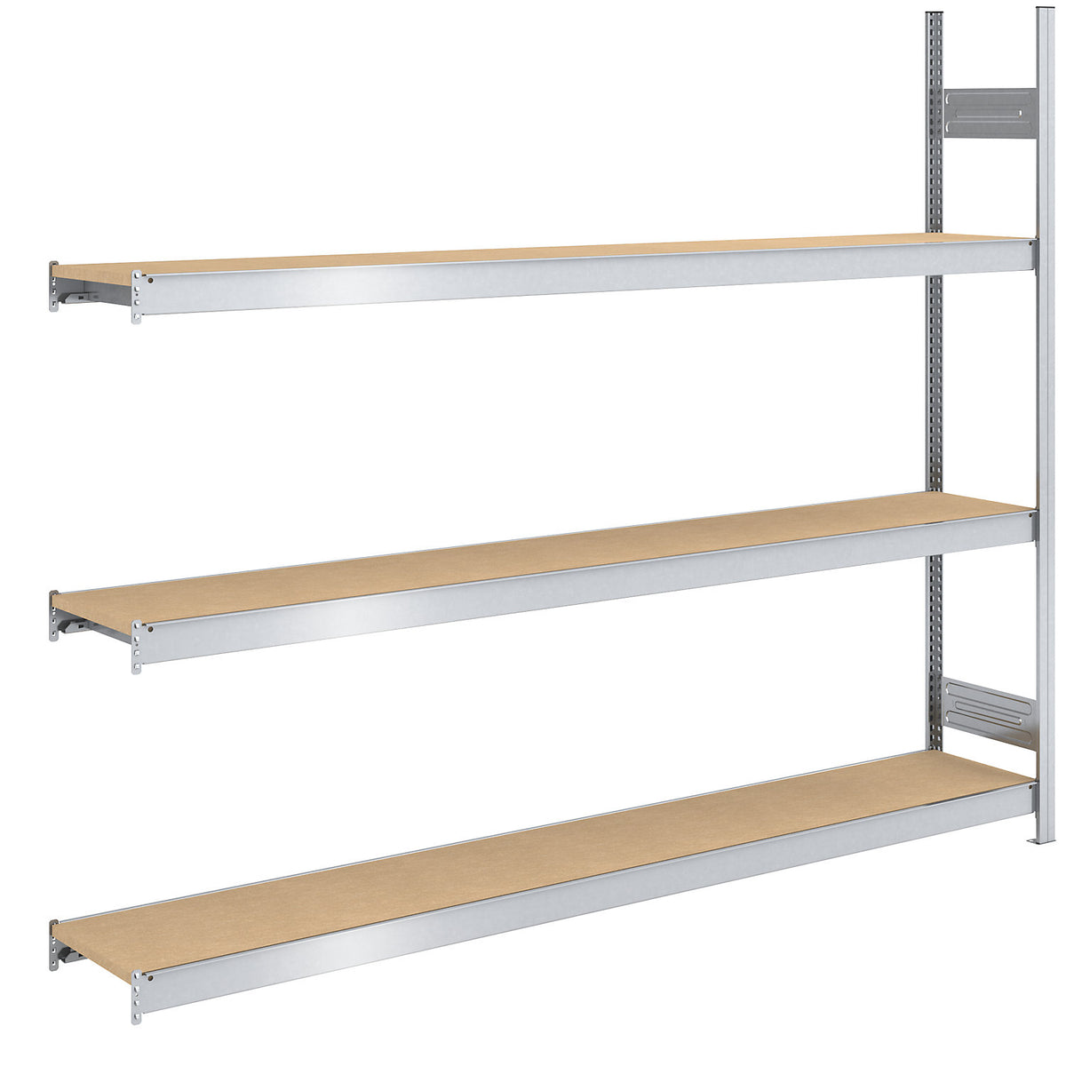 Wide span boltless shelf unit chipboard panels, height 2000 mm, width 2250 (2 x 1125) mm, max. bay load 1200 kg, depth 400 mm, extension shelf unit.