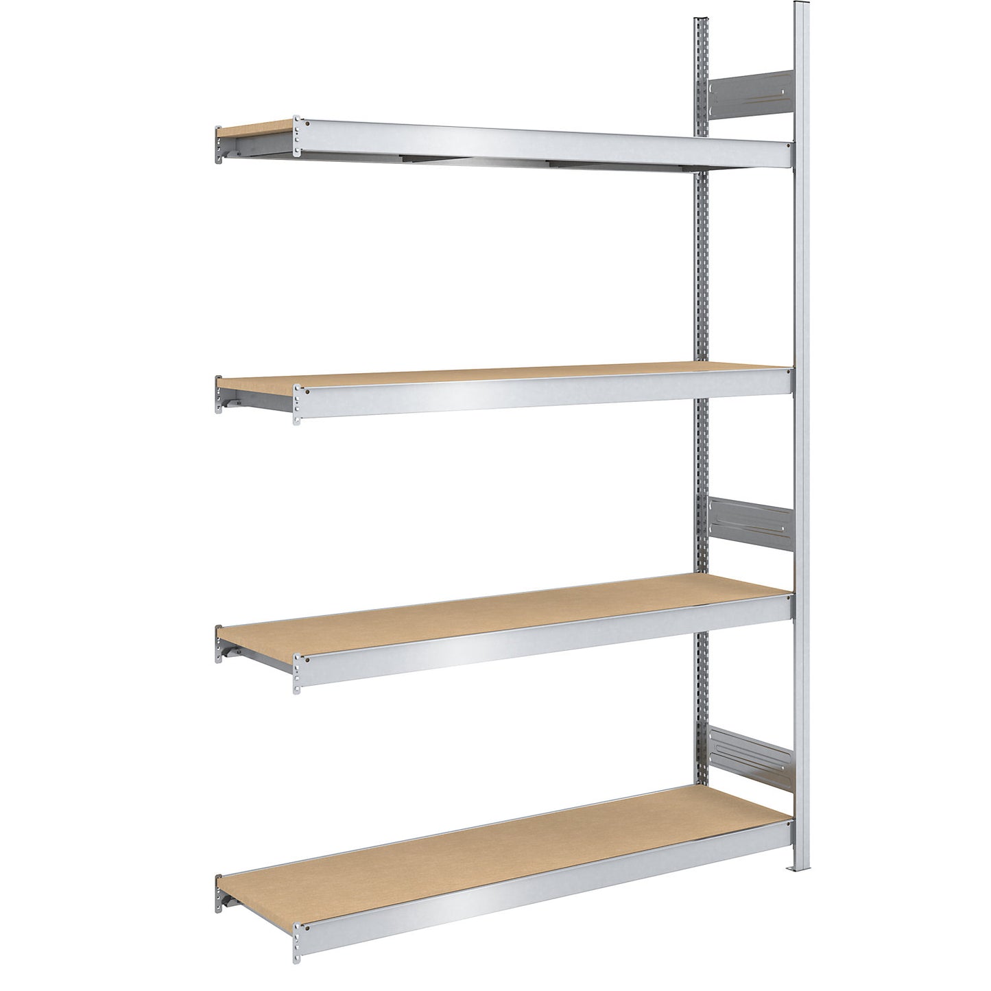 Wide span boltless shelf unit chipboard panels, height 2500 mm, width 1500 mm, max. bay load 1750 kg, depth 500 mm, extension shelf unit.