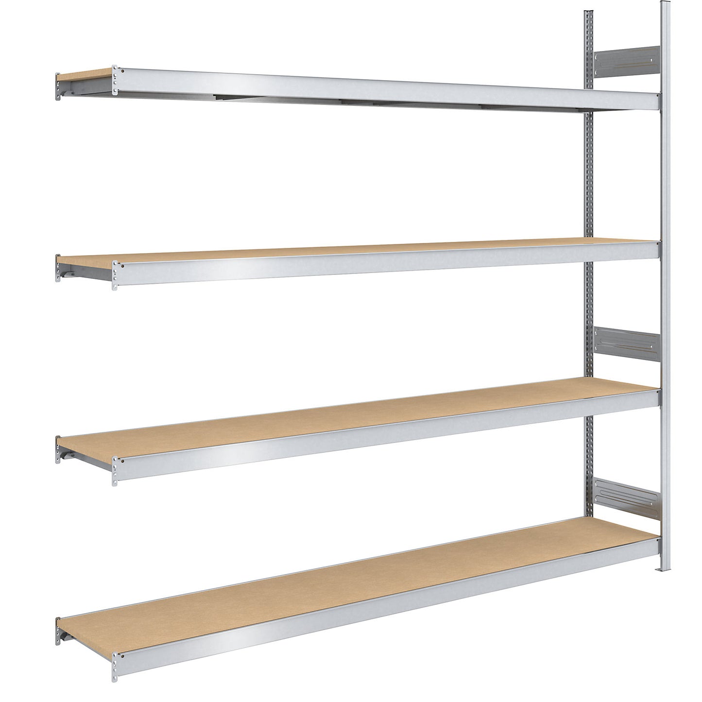 Wide span boltless shelf unit chipboard panels, height 2500 mm, width 2500 (2 x 1250) mm, max. bay load 1750 kg, depth 500 mm, extension shelf unit.